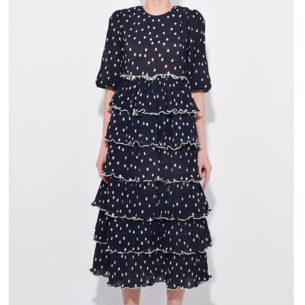 Ganni • Lowell Midi Dress • Navy Blue & White Polka Dot